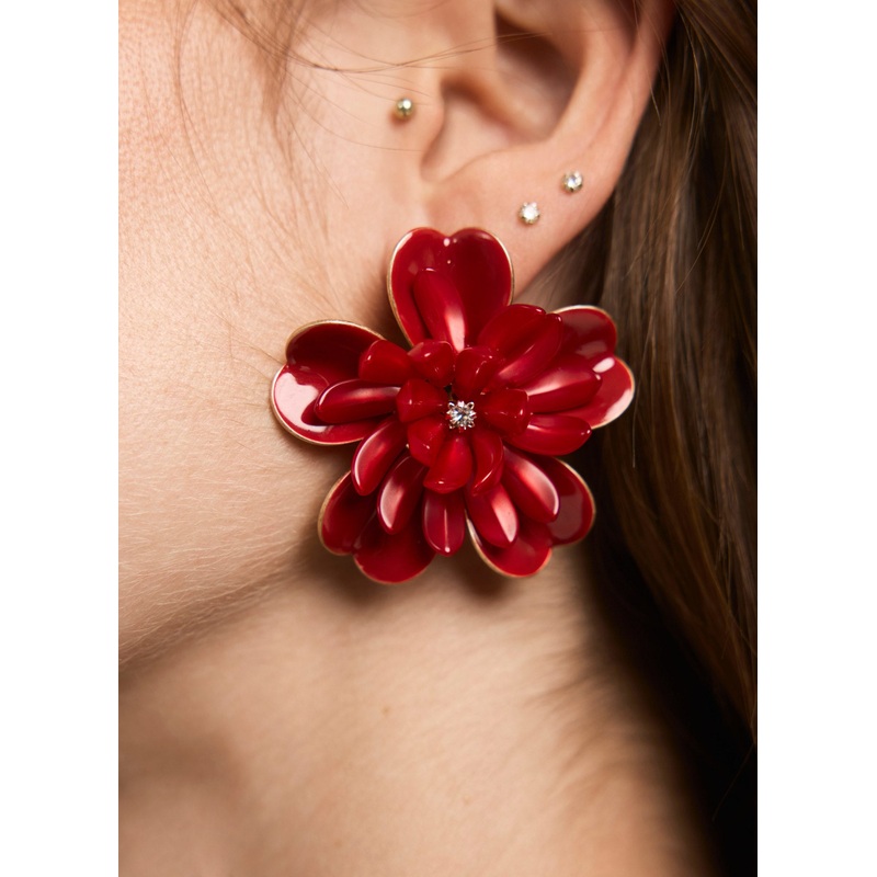 Red Floral Statement Earrings ONE SIZE
