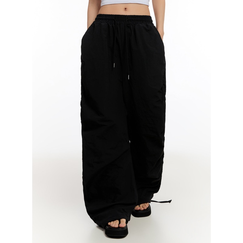 Adjustable Wide-Leg Nylon Pants IU509 Black M/L
