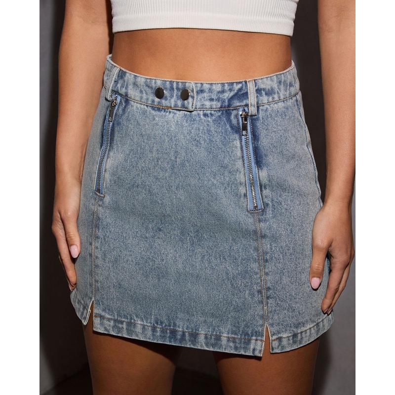 Arlin Zipper Accent Denim Mini Skirt Dark Denim XS