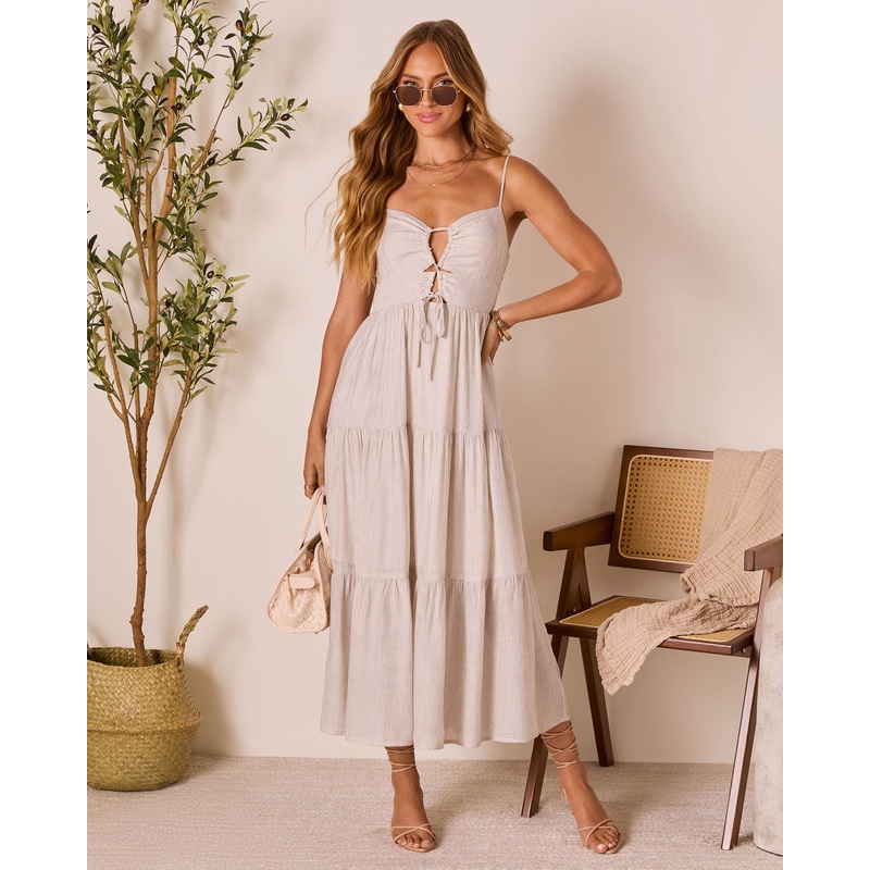 Barefoot Breeze Tiered Keyhole Maxi Dress Oatmeal Stripe S