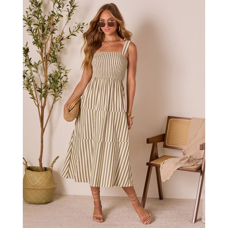 Braylin Striped Smocked Midi Dress Olive XS