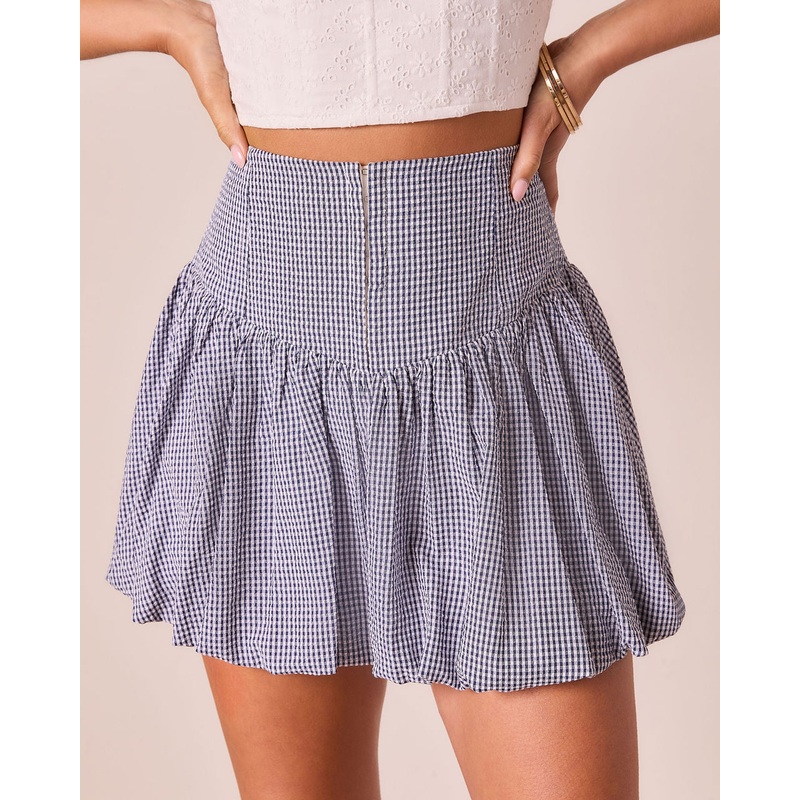 Shellie Gingham Bubble Hem Mini Skirt Navy XS