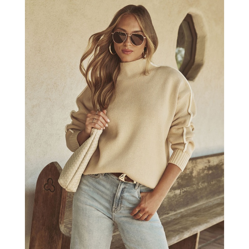 Warm Embrace Mockneck Knit Sweater Taupe/White XS