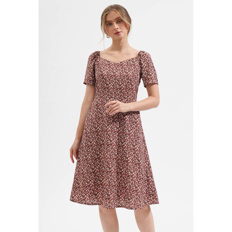 All Over Print Square Neckline Midi Dress Old Rose Large