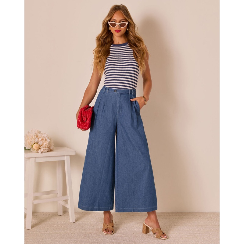 Celadine Wide Leg Pleated Chambray Pants Chambray S