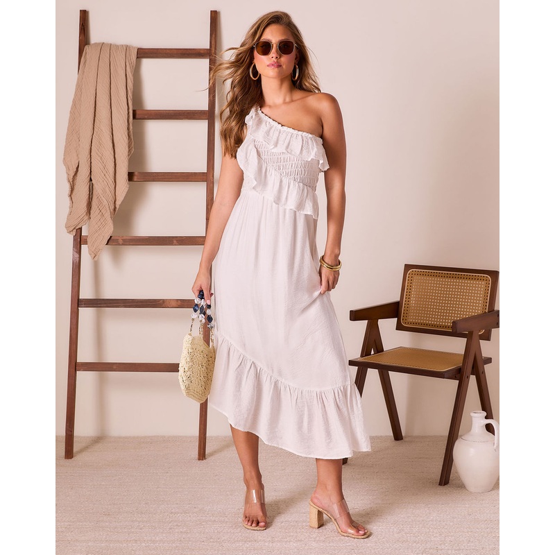 Sailor One Shoulder Ruffle Midi Dress White XS