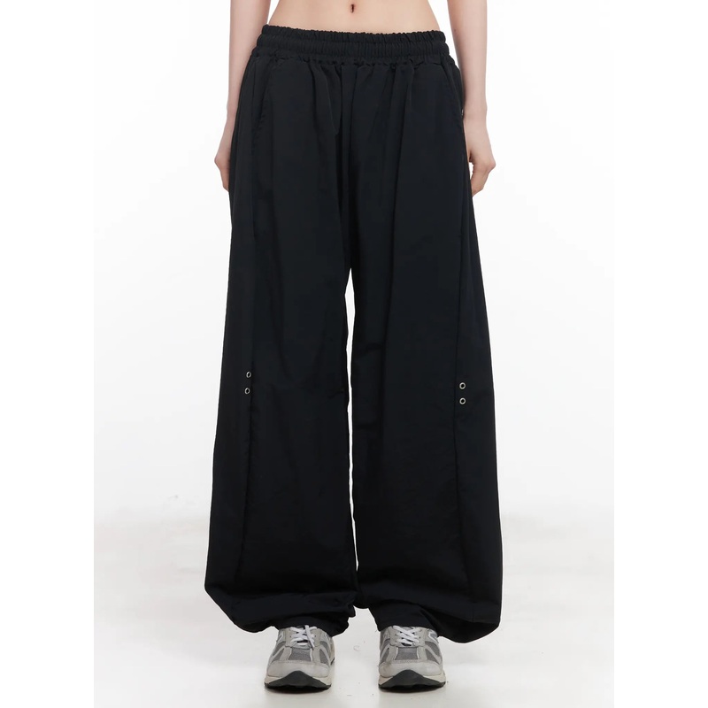 Wide-Leg Eyelet Nylon Pants CU511 Black M/L