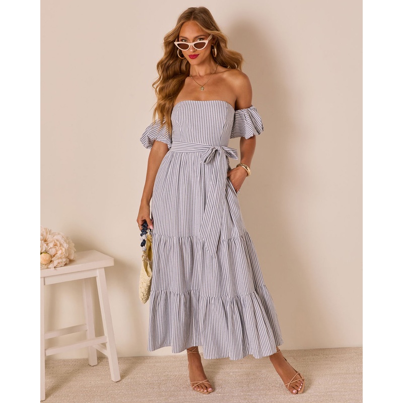 Annah Striped Off The Shoulder Maxi Dress Navy/White XS