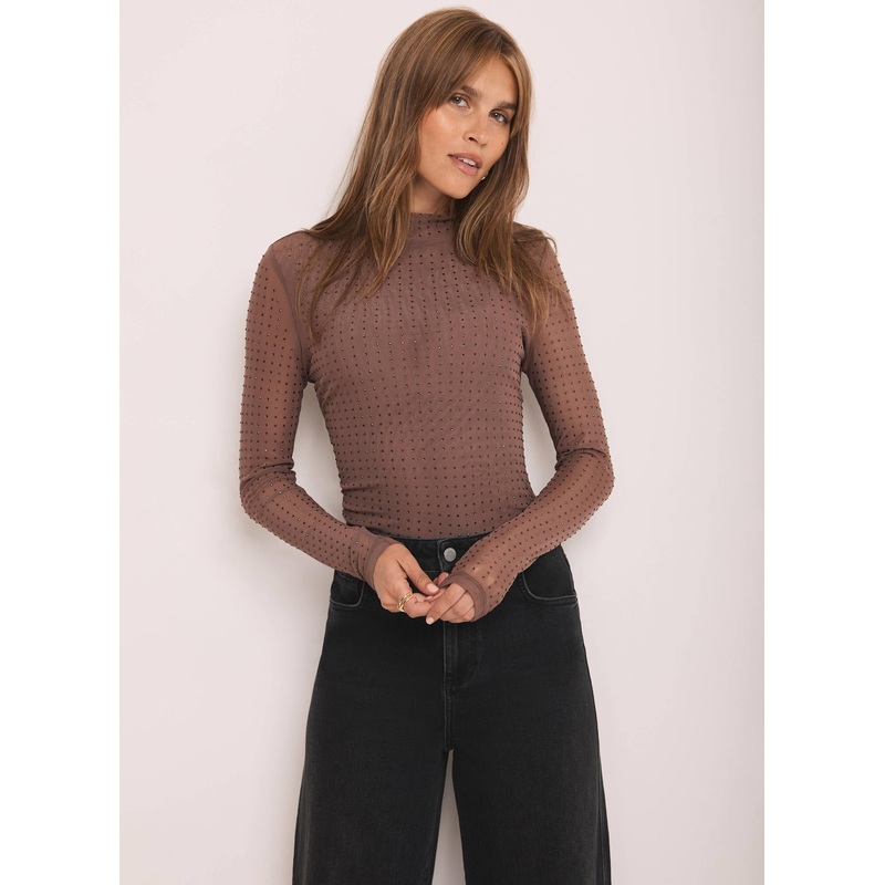 Brown Mesh Embellished Top XS
