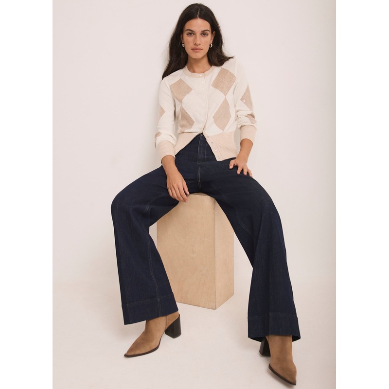 Cream Sequin Argyle Knit Cardigan XS