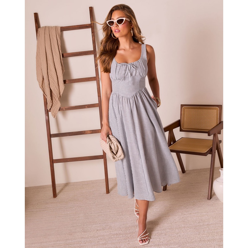 Genelle Striped Corset Midi Dress Blue Stripe S