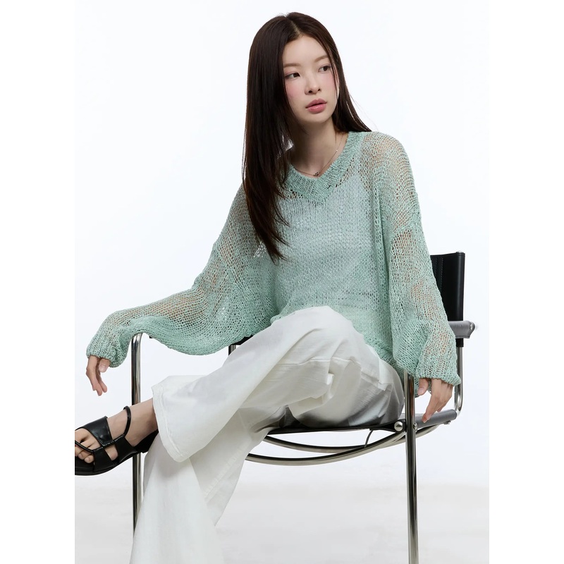 Sheer V-Neck Sweater CU513 Mint M/L