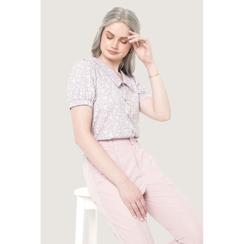 All Over Print Floral Button Down Puff Sleeve Top Lavender Extra Small
