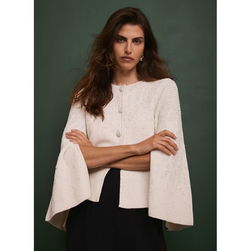 Cream Sequin Embellished Cape Cardigan XS