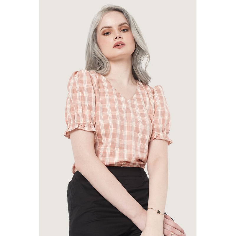 All Over Print Checkered Puff Sleeve Top Cork Extra Small