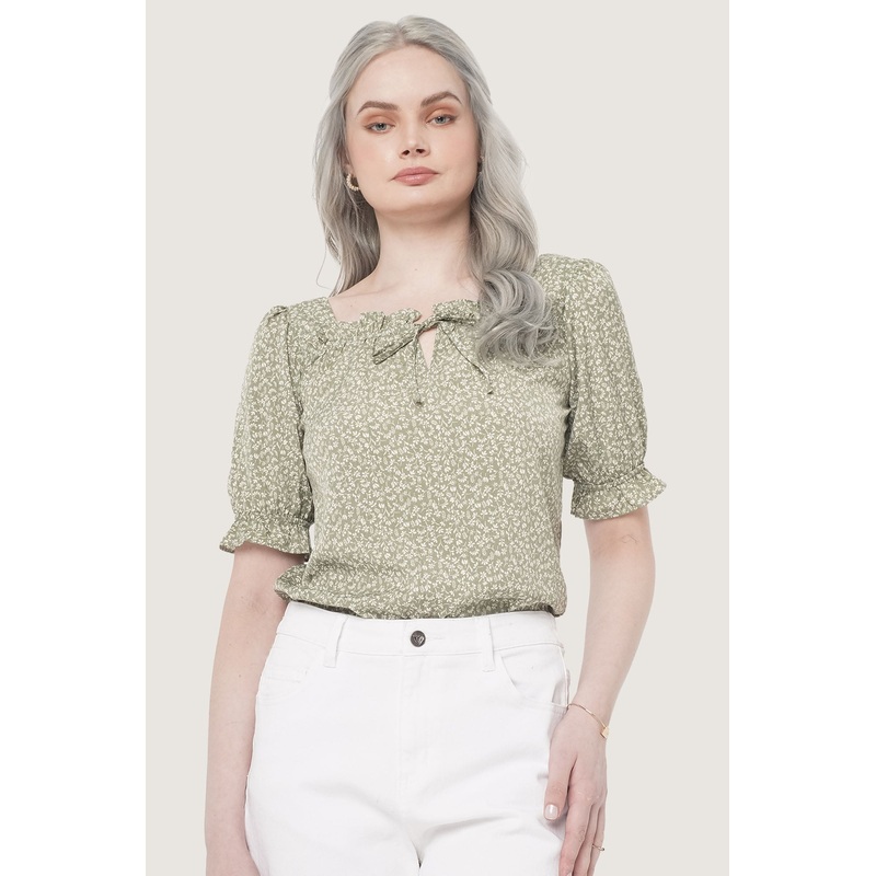 All Over Print Square Neck Top Basil Extra Small