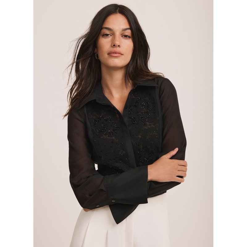 Black Embellished Bib Detail Shirt 06
