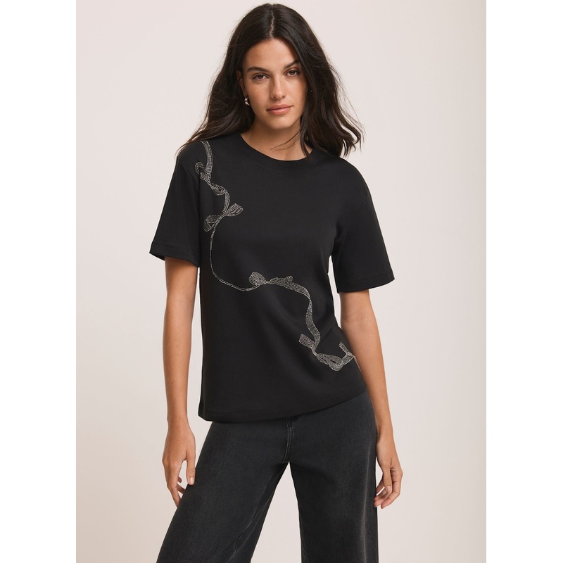 Black Embellished Ribbon Detail T-Shirt XS