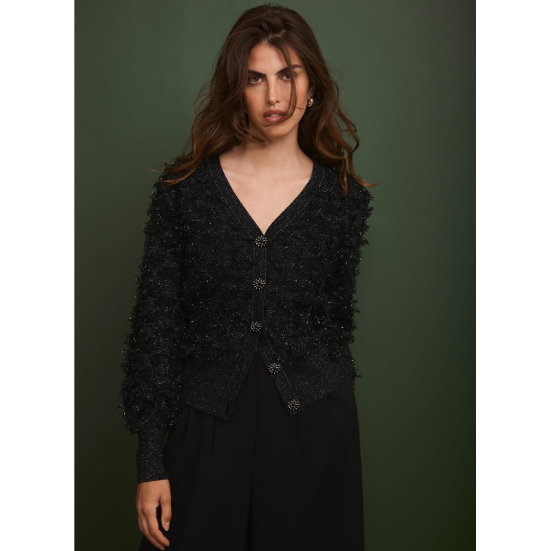 Black V Neck Textured Cardigan XS