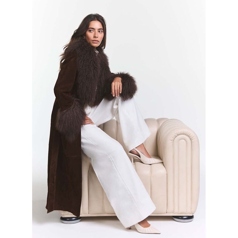 Brown Suede Fur Trim Coat XS