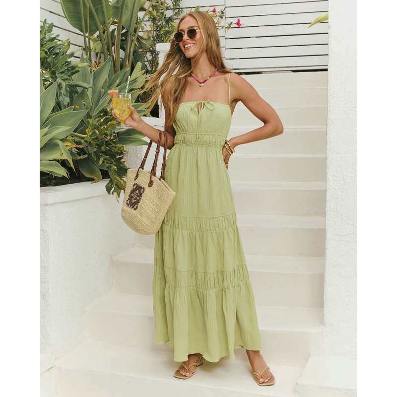Dewdrop Tiered Maxi Dress Light Green XS