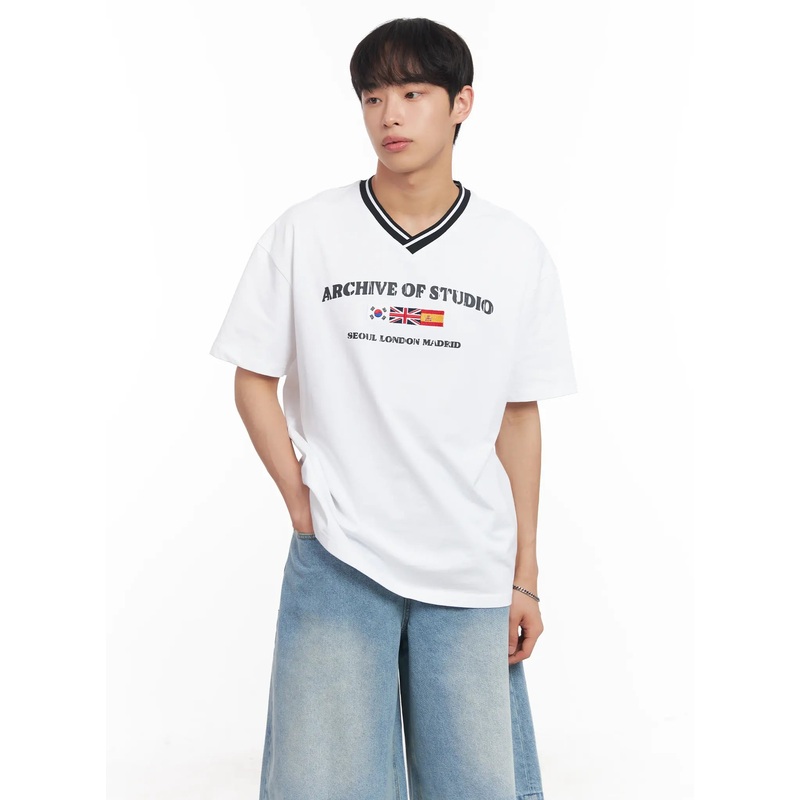 Men’s V-Neck Two-Tone Tee IU518 White M/L