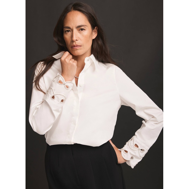 White Cotton Embellished Cuff Shirt XS