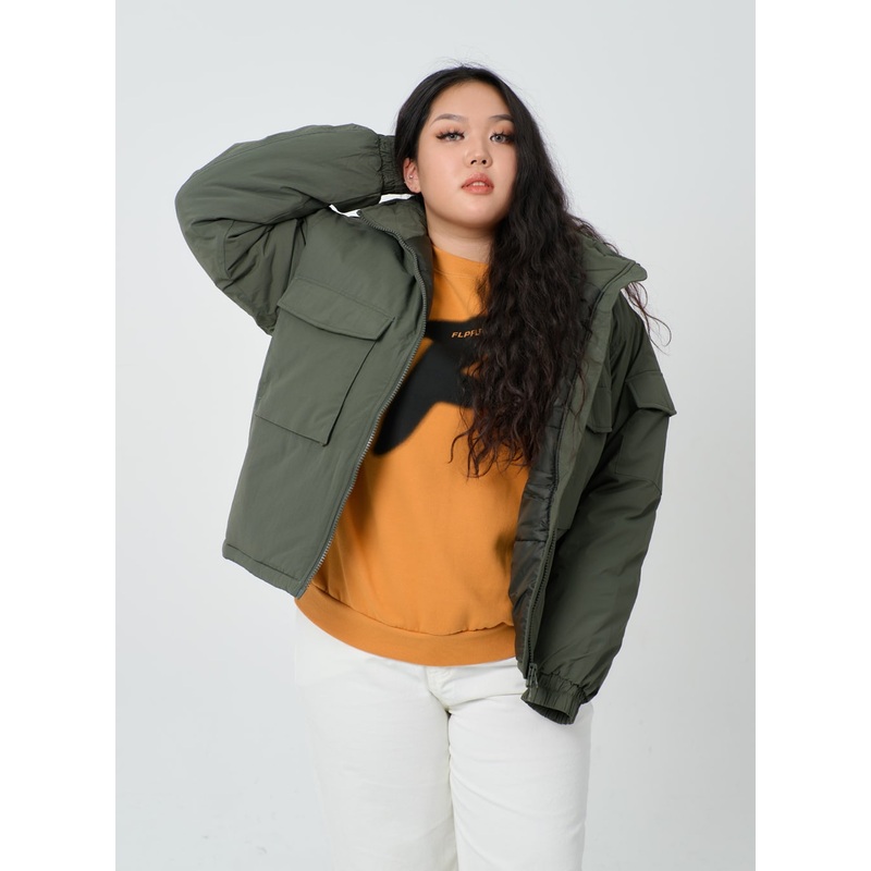 Plus Twin Front Pocket Hoodie Puffer Jacket ID27 Dark green M/L