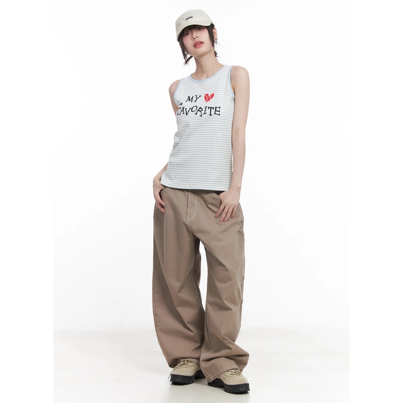 Stitched Wide-Fit Pants CU518 Beige S