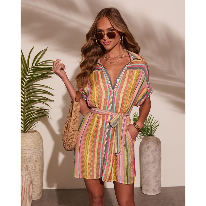 Sunshade Waist Tie Mini Shirt Dress Yellow Multi XS