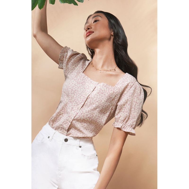 All Over Print Floral Square Neck Top Mauve Extra Small