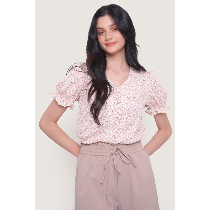 All Over Print Floral V-Neck Puff Sleeve Top Off White Extra Small