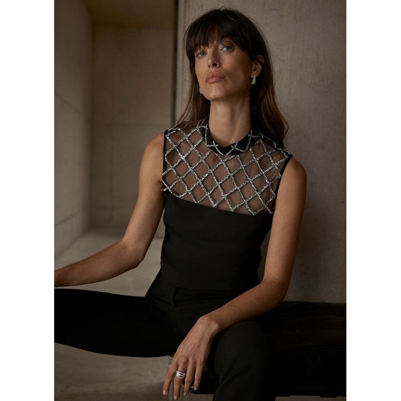 Black Embellished Mesh Top 06