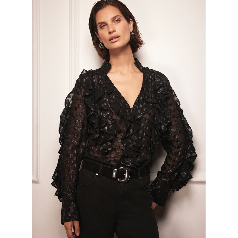 Black Jacquard Ruffle Blouse XS