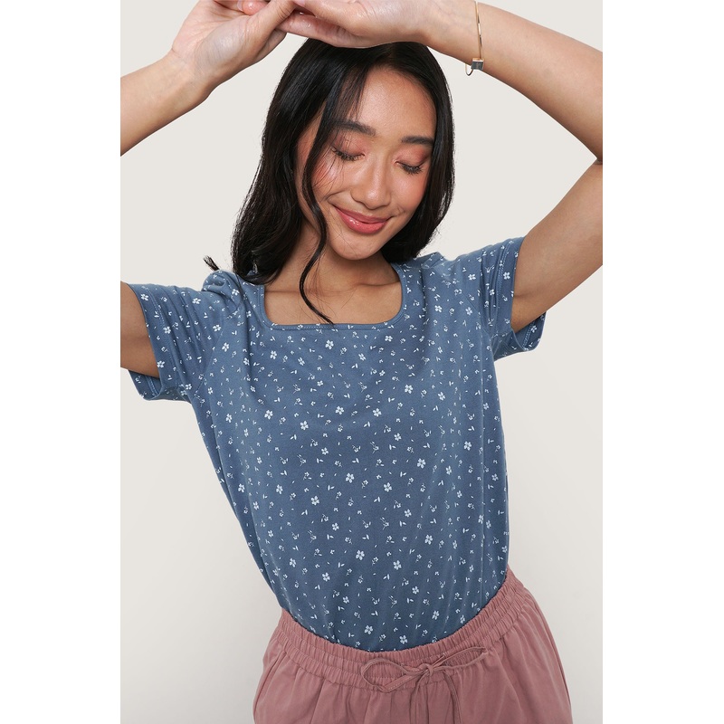 Floral All Over Print Square Neck Graphic Tee Blue Stone Extra Small