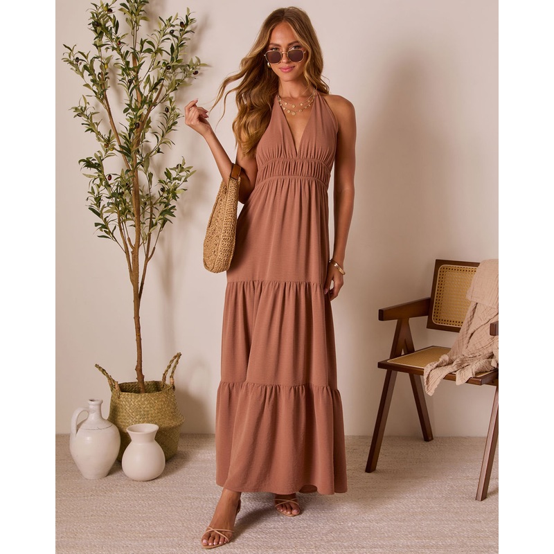 Seaflower Tiered Halter Neck Maxi Dress Brown XS