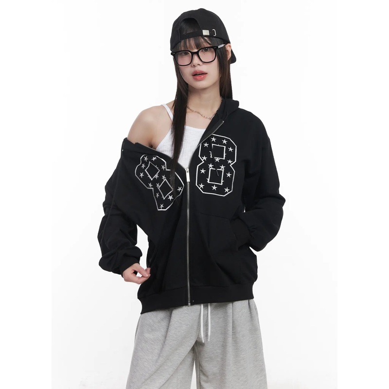 “88” Oversized Zip-Up Hoodie CU519 Black M/L