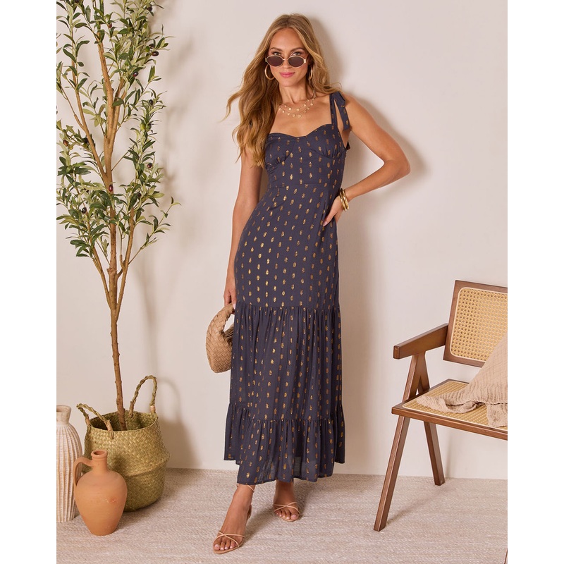 Coastline Calls Tiered Maxi Dress Navy/Gold S