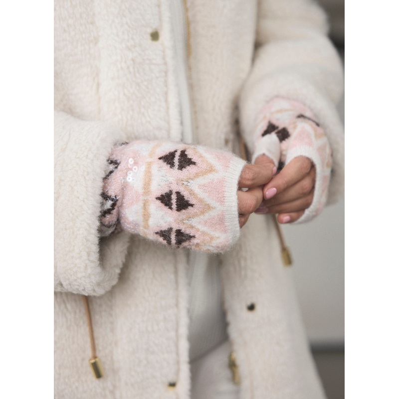 Cream Fair Isle Knit Fingerless Gloves ONE SIZE