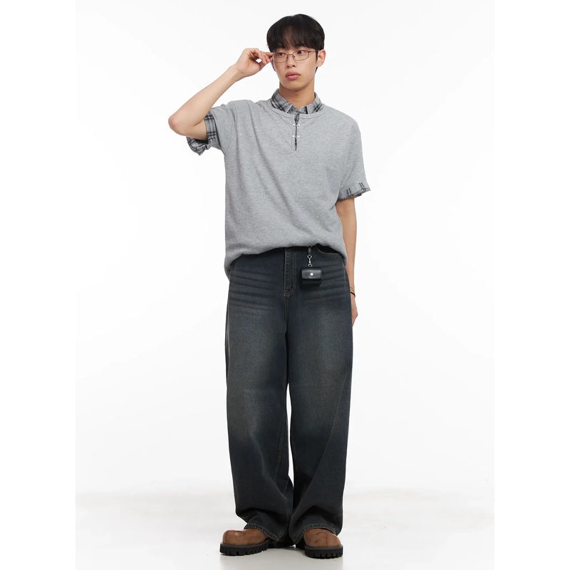 Men’s Henley Neck Short-Sleeve Tee IU519 Gray M/L