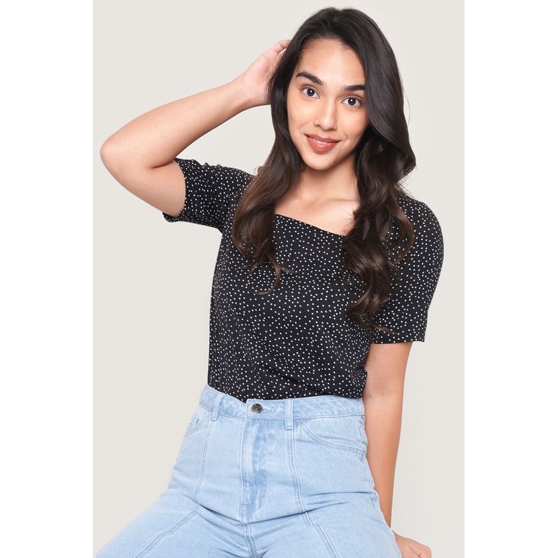 All Over Print Square Neck Top Black Extra Small