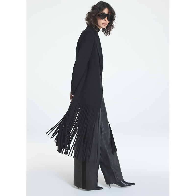 Black Wool Blend Fringed Maxi Coat XS