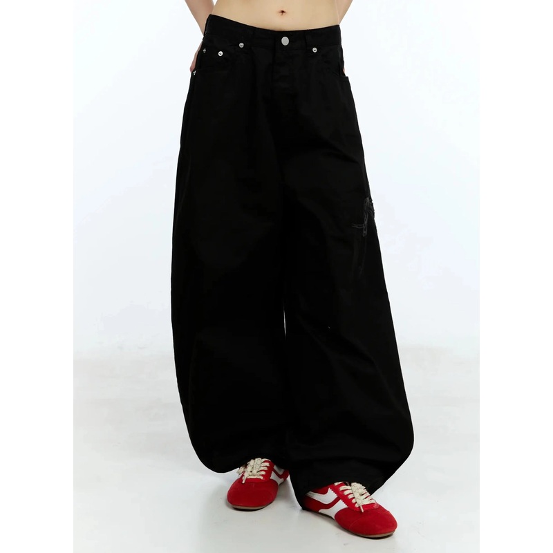 Ribbon Detail Baggy Pants IU523 Black S