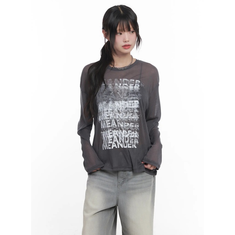 Sheer Graphic Long-Sleeve Shirt  CU520 Dark gray S/M
