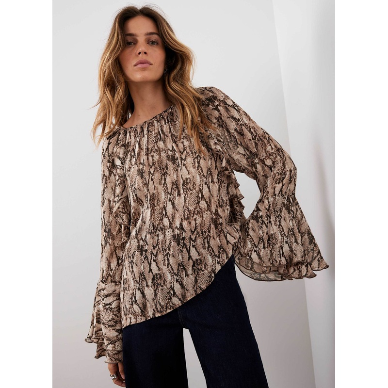 Brown Snake Print Ruffle Detail Blouse XS