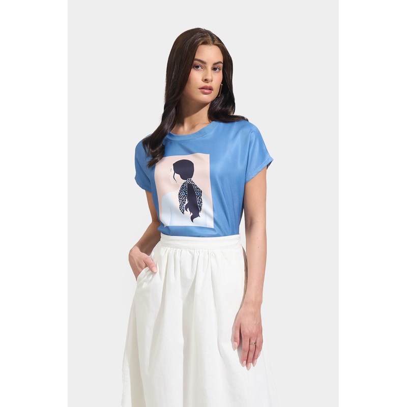 Girl with Ribbon Graphic Tee Blue Dusk Extra Small