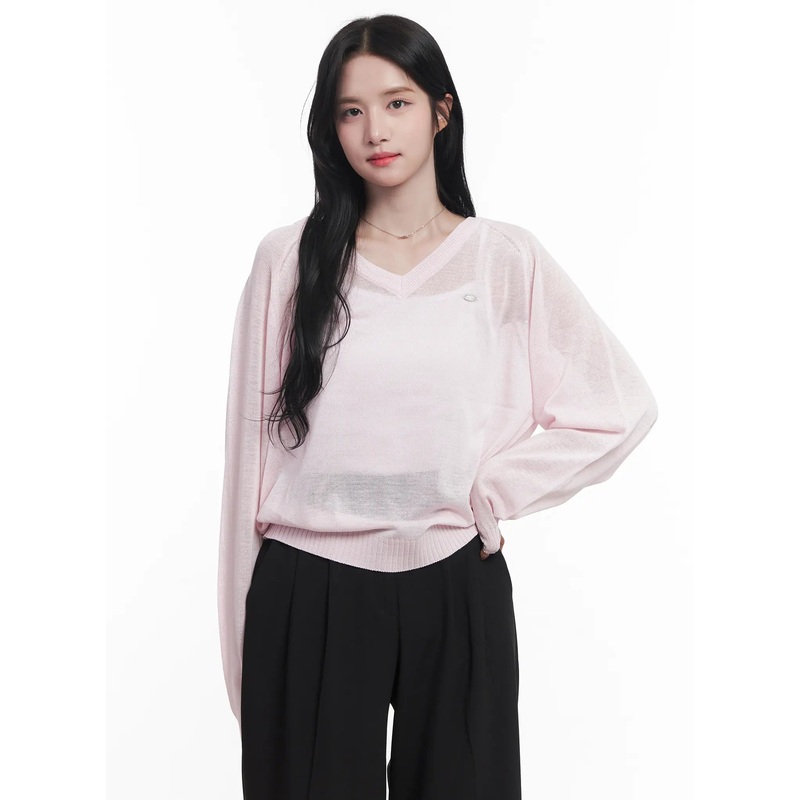 Sheer V-Neck Sweater CU523 Light pink S/M
