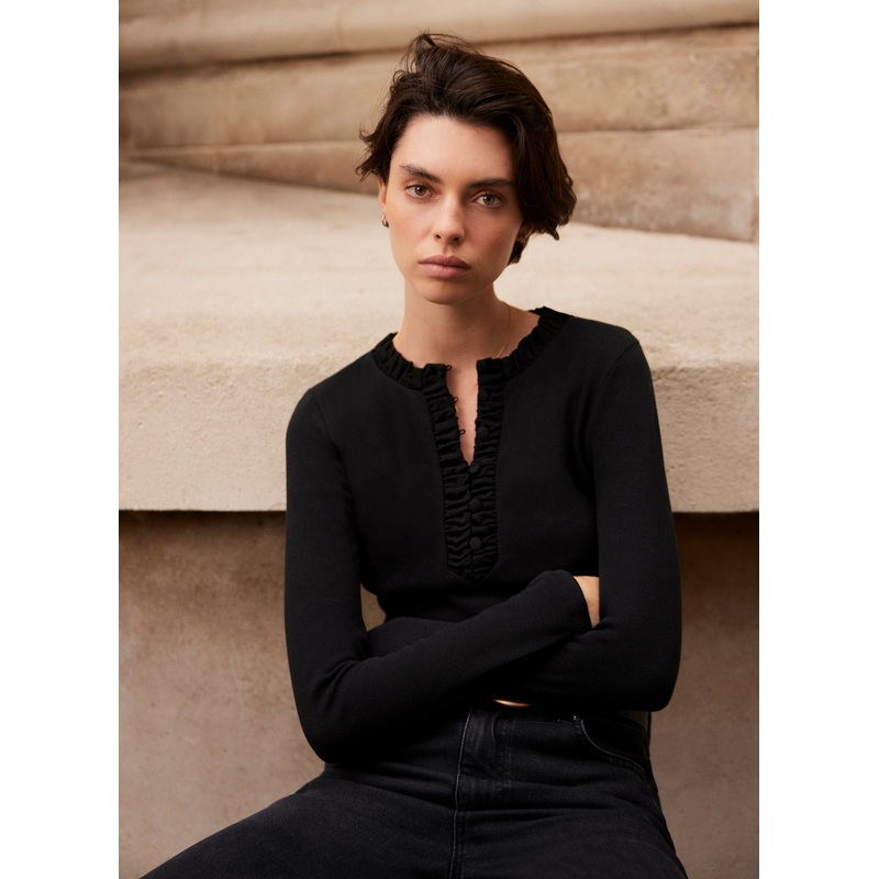 Black Ruched Cotton Blend Henley Top XS