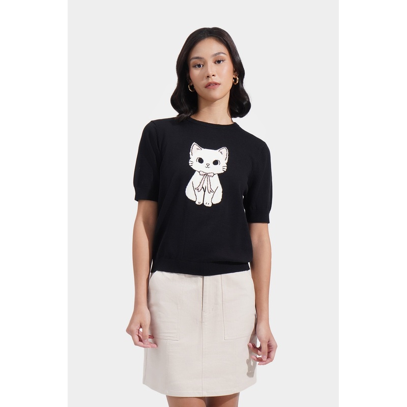 Cat Flat Knit Tee Black Extra Small