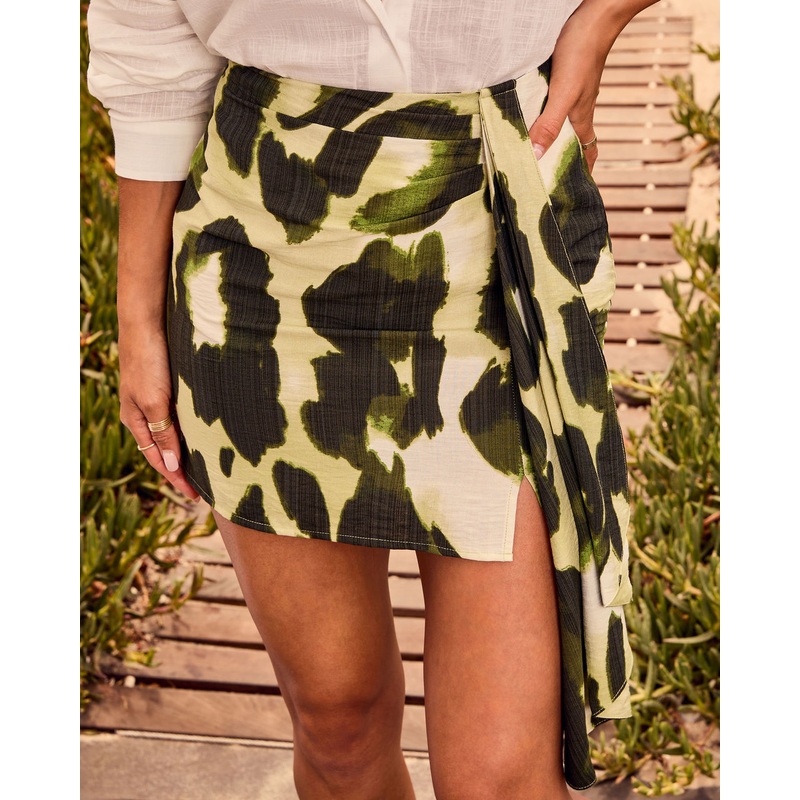 Celesta Animal Print Wrap Tie Mini Skirt Green Multi XS